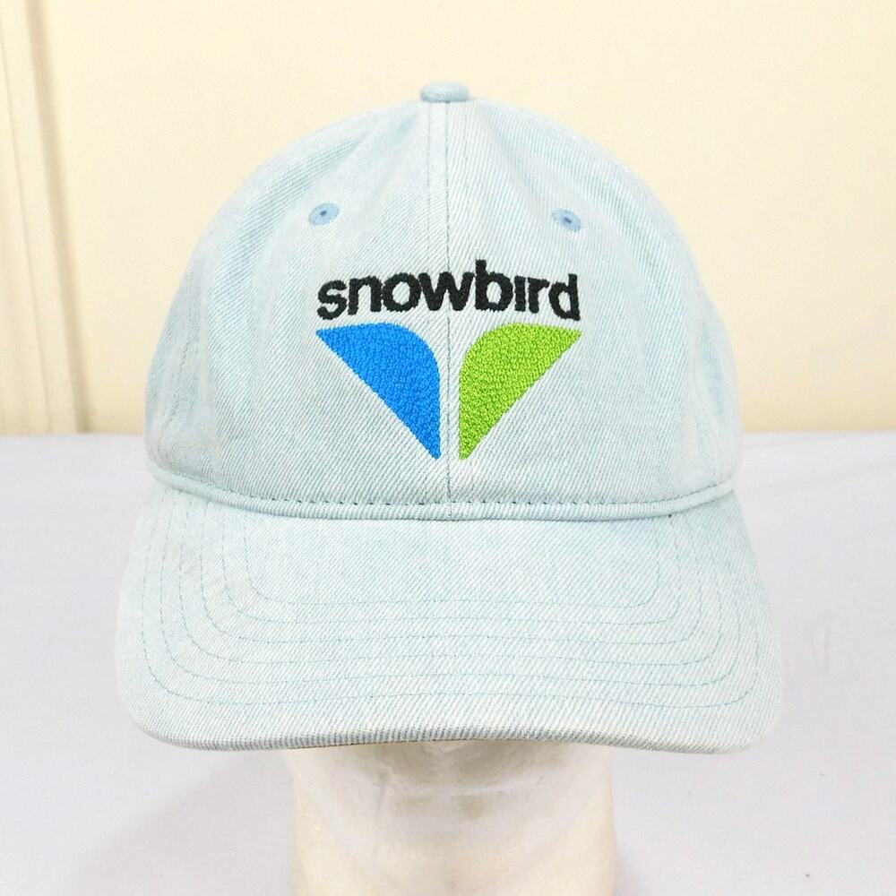 Snowbird Utah Ski Resort Strapback Hat Adjustable Light Blue Denim Brown Strap